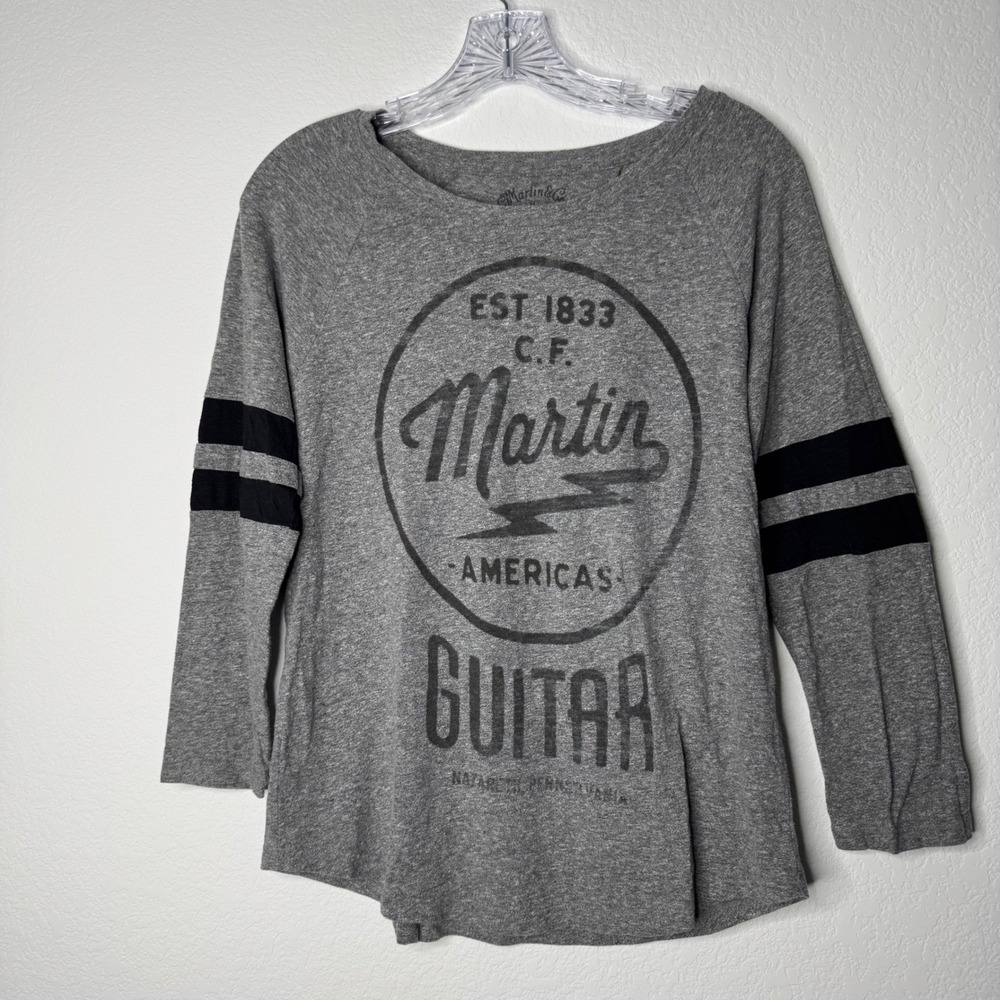 Lucky Brand Gray Martin & Co Guitar Striped 3/4‎ Sleeve T Shirt Womens Size M
